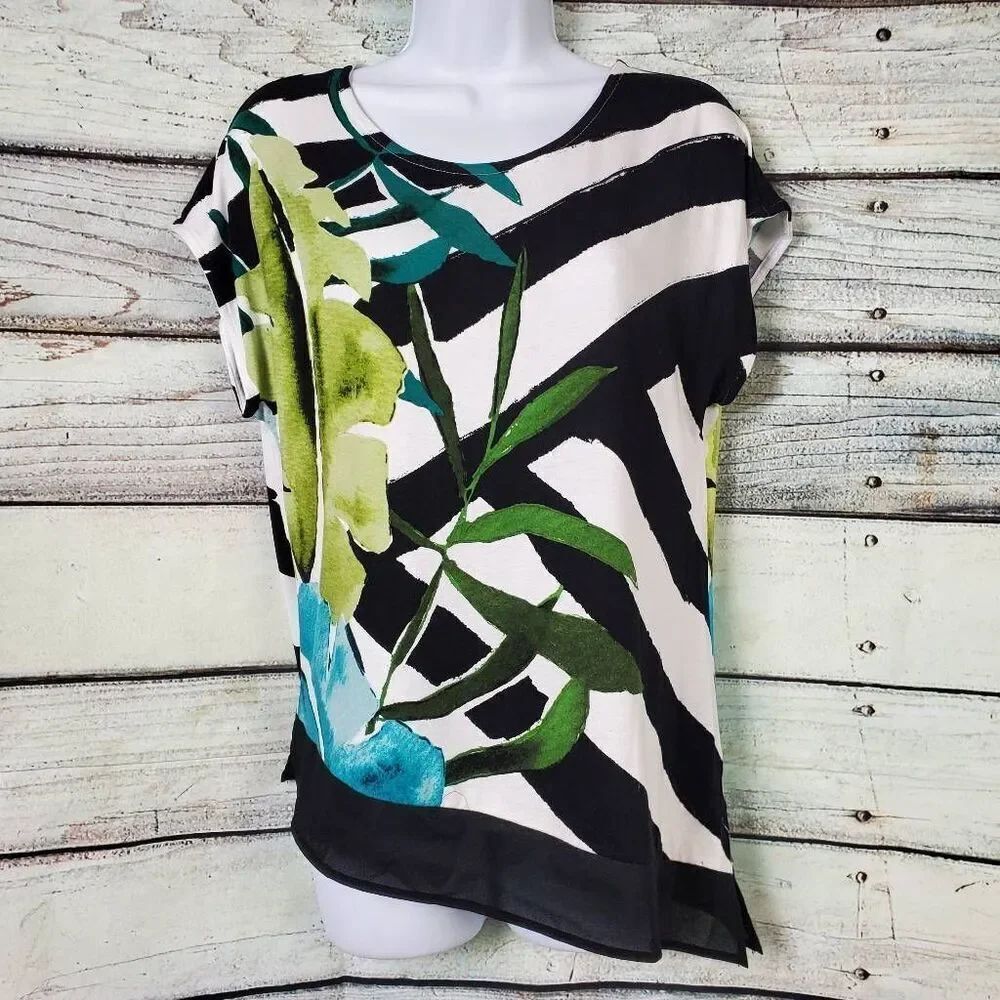 Christopher & Banks Small Botanical Print Top Black White Green Blue Short Sleev